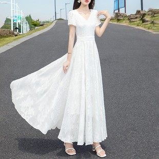 2023夏季超仙时尚白色高端真丝桑蚕丝连衣裙修身显瘦大摆长裙