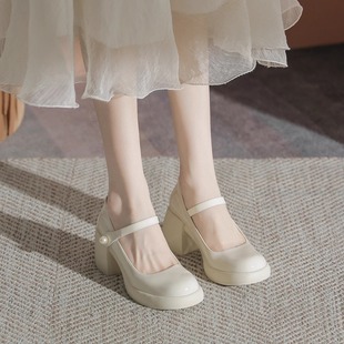 白色粗跟法式玛丽珍女鞋子高跟，2024春夏小皮鞋仙女单鞋配裙子
