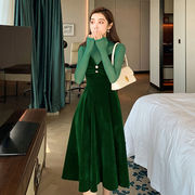 秋冬套装2022洋气性感高领打底衫墨绿色吊带连衣裙套装两件套