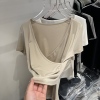 设计感V领交叉褶皱短袖T恤女2024夏季个性修身显瘦打底衫上衣