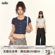 ueko美式abg辣妹正肩短款开衫高腰，短袖t恤女夏季复古潮牌修身上衣