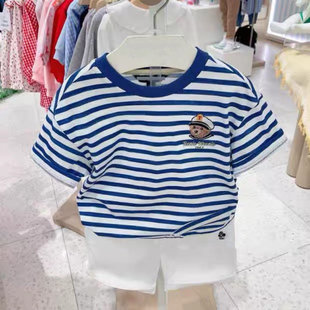 特2024夏季男童条纹纯棉，短袖t恤海军风小熊上衣