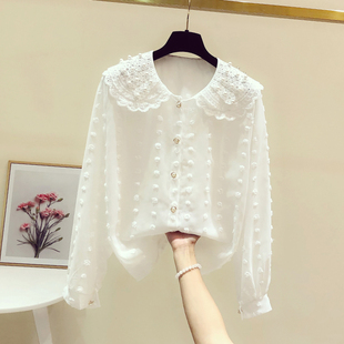 2021秋装韩版甜美钉珠蕾丝娃娃领衬衫女长袖时尚气质雪纺衬衣