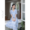 「又巷」两件套裙装女2023夏法式(夏法式)甜美娃娃领上衣配蓝色半身裙