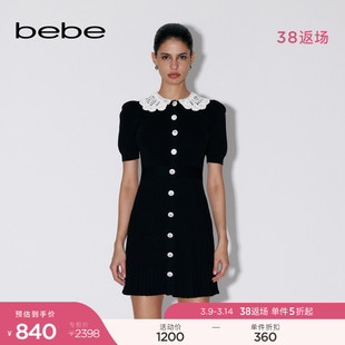 bebe2023春夏系列女士绣花领百褶短袖针织连衣裙130903