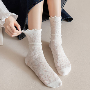 白色蕾丝长袜子女玻璃丝纯棉中筒袜秋季薄款日系jk玛丽珍鞋堆堆袜