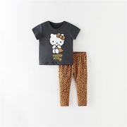 2023春夏女童宝宝短袖套装洋气可爱猫咪儿童纯棉T恤豹纹长裤