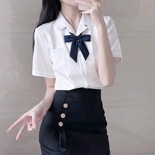 刺篇超显瘦~jk韩式制服v领开襟收腰短袖衬衫白衬衣女夏季
