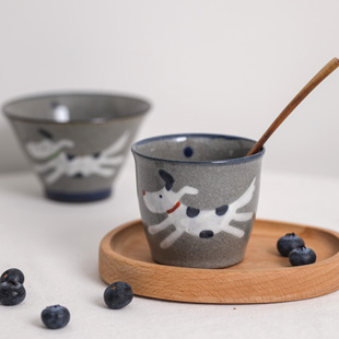 日本进口翔芳窑手绘小狗，日式冰裂茶杯，斗笠碗马克杯可爱陶瓷餐具