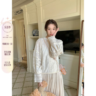 ingcon法式刺绣蕾丝衬衫，女夏2024年复古慵懒镂空花朵，娃娃衫