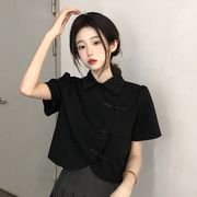 新中式改良版旗袍短款上衣夏季女装2024年不规则法式短袖衬衫