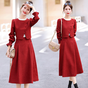 秋季女装时尚打底纯色优雅收腰酒红色黑色长袖中长裙假两件连衣裙