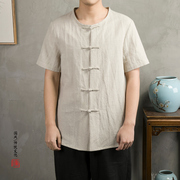 中国风男装夏季短袖棉麻布衬衫复古风亚麻料盘扣唐装汉服中式上衣