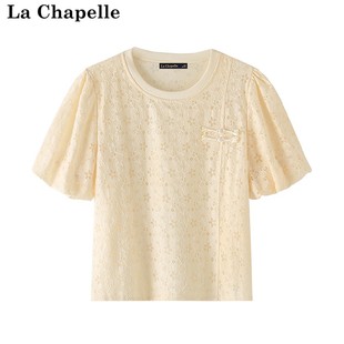 拉夏贝尔lachapelle新中式，蕾丝泡泡袖宽松休闲花朵短袖t恤