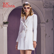 VJC OLIVIA2023春夏通勤连衣裙白色中长款系带西装短裙修身女新