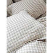 复古卡其格子水洗柔软色织100%亚麻床上四件套床单被套枕套床笠式