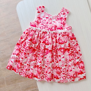 0-12岁 出口马来西亚夏棉纱V背蝴蝶礼服裙 女童婴幼儿 红色木槿花