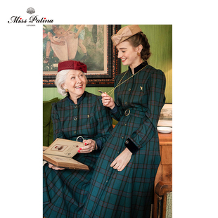 MP英伦复古原创设计戴安娜皇室苏格兰撞色格子立领气质长款连衣裙