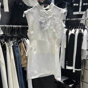 2024夏季韩版小众设计蕾丝拼接中式复古百搭无袖背心衬衫上衣