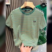 绿色横条纹短袖t恤男2024年徽章刺绣体恤，时尚潮牌ins潮流上衣
