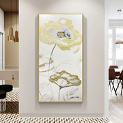 纯手绘油画现代简约玄关画走廊，过道装饰画简欧金色荷花餐厅挂画