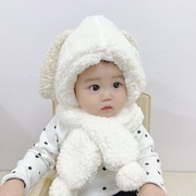 宝宝帽子围巾一体秋冬男女儿童兔耳朵羊羔绒保暖毛绒帽婴儿护耳帽