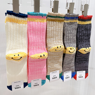 韩国东大门拼色粗线针织袜秋冬款加厚保暖后跟可爱笑脸中筒袜子女