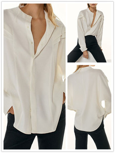 西班牙单设计(单设计)感荷叶，边袖雪纺长袖衬衫，加厚圆领白色时尚女休闲上衣
