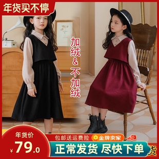 女童加绒假两件连衣裙，2023秋冬韩版中大童，红色灯芯绒公主裙亲子装