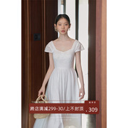 美丽的皇帝  镂空拼接白色盖袖连衣裙女夏季显瘦a字长裙