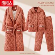 三层夹棉女士睡衣冬季加厚加绒棉袄妈妈款珊瑚绒睡袍家居服三件套