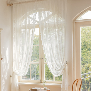 免打孔魔术贴穿杆窗帘窗，纱帘法式白色，蕾丝客厅阳台飘窗门帘短隔断