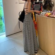 时尚气质韩版黑白条纹露背吊带连衣裙女夏季2024高腰显瘦长裙