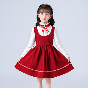 女童秋季连衣裙2022秋装洋气针织长袖红色儿童小女孩公主裙子
