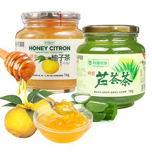 进口韩国农协柚子茶1kg+芦荟茶1kg蜂蜜水果茶酱2瓶组合装