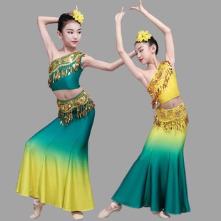 儿童傣族舞蹈演出服女童，傣族孔雀舞包臀鱼尾，裙少儿表演服