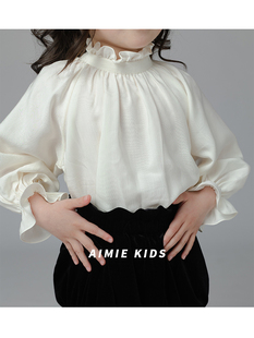 Aimie Kids 2023春 女童法式宫廷风复古泡泡袖木耳边立领长袖衬衫