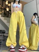 夏季薄款黄色裤子冰丝速干运动裤女hiphop美式工装裤防晒爵士舞裤