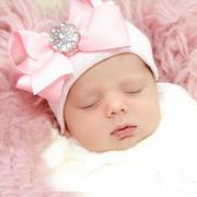 欧美大蝴蝶结闪亮钻粉色，条纹女宝宝针织，帽子新生婴儿套头帽定