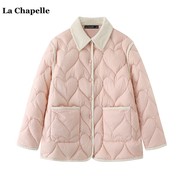 拉夏贝尔/La Chapelle小香风撞色polo翻领棉服女冬季粉色保暖外套