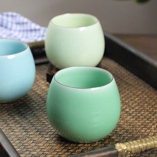 龙泉青瓷茶杯陶瓷杯家用泡茶杯创意紫口鼓型杯手捧水杯透光杯单杯