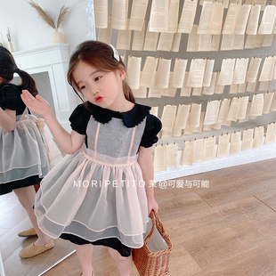 韩版纯棉夏季女童套装裙两件套黑色欧根纱粉色围裙2件宝宝公主裙