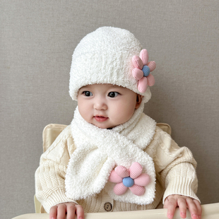 婴儿冬季帽子围巾两件套装儿童女，宝宝可爱冬天厚款毛绒儿童护耳帽