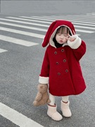 韩版新年装女童立体大耳朵双排扣加厚羊驼绒中长款连帽外套潮