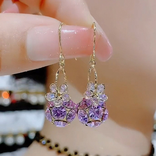 紫色花朵锆石水晶球球小巧耳环S925纯银针高级感轻奢甜美精致耳饰