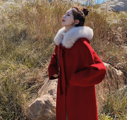 2023秋冬节日喜庆款外套 红色大毛领呢子大衣