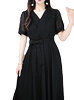 黑色短袖连衣裙女士2024夏季中长款系带显瘦遮肚中长款小黑裙