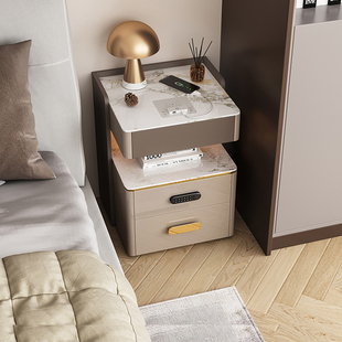 智能床头柜子轻奢高级感简约现代卧室30公分窄柜实木床边柜保险箱