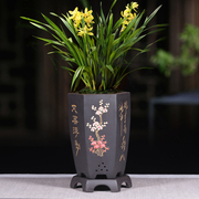 宜兴紫砂兰花专用盆陶瓷客厅，六方君子兰花盆，家用大盆景盆带托盘
