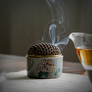 冰片釉纯手绘海棠花茶道香炉陶瓷，带盖沉香炉禅意，功夫茶具檀香熏炉